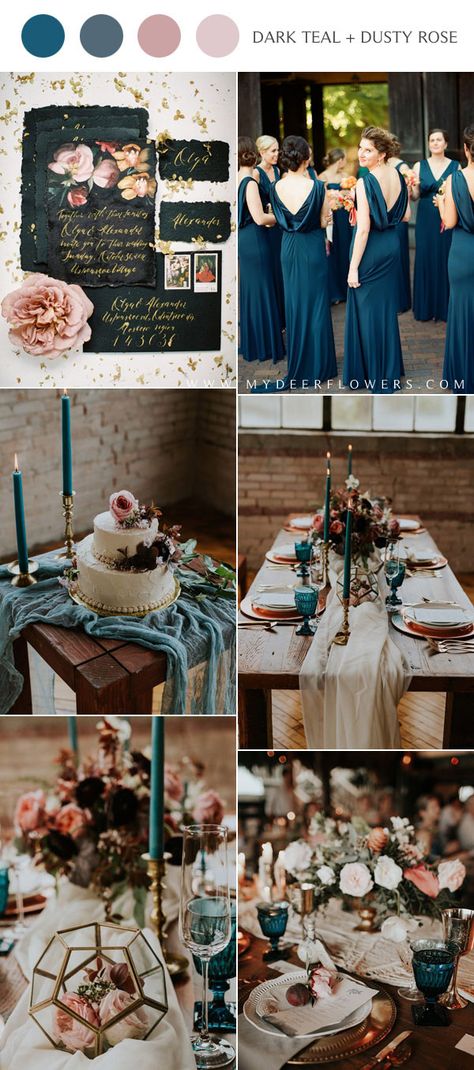 Dark Teal Rose Gold Wedding, Dark Teal And Dusty Rose Wedding, Teal Cream And Gold Wedding, Dark Teal And Blush Wedding, Peacock Blue Wedding Theme, Dark Teal And Pink Wedding, Teal And Dusty Rose Wedding, Wedding Color Schemes Teal, Dark Teal Wedding Colors