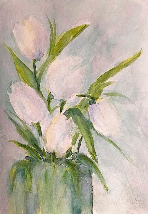 White Tulips Painting, Vase With Tulips Drawing, Tulip Flower Drawing Watercolor Painting, White Tulip Watercolor, White Tulip Bouquet, Vase Of Tulips Painting, Purple Tulip Painting Watercolor, Tulip Drawing, Lavender Paint