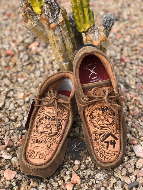 Hand Tooled Customized Twisted X Driving Mocs Rustic Hand Tooled Snip Toe Boots, Tooled Leather Hey Dude Shoes, Cactus Twisted X Shoes, Barn Outfits, Ranch Clothes, Modesty Journey, Hand Tooled Closed-toe Huaraches For Spring, Hand Tooled Brown Slip-on Sandals, Driving Mocs