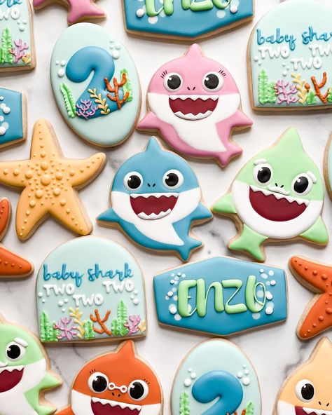 Baby shark two-two, two-two 🪸 #cookies #njcookies #birthdaycookies #decoratedsugarcookies #cookiesofinstagram | Instagram Baby Shark Cookies Decorated, Baby Shark Cookies 2nd Birthday, Baby Shark Sugar Cookies, Baby Shark Cookies, Cookie Room, Royal Icing Decorated Cookies, Bday Themes, Cookie Board, First Birthday Cookies