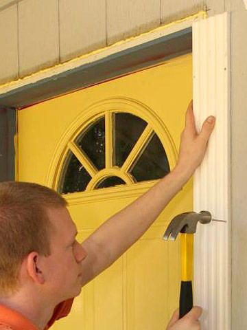 Diy Exterior Door Trim, Exterior Door Casing Ideas, Diy Exterior Door, Replace Exterior Door, Front Door Molding, Exterior Door Frame, Exterior Door Trim, Installing Exterior Door, Exterior Upgrades