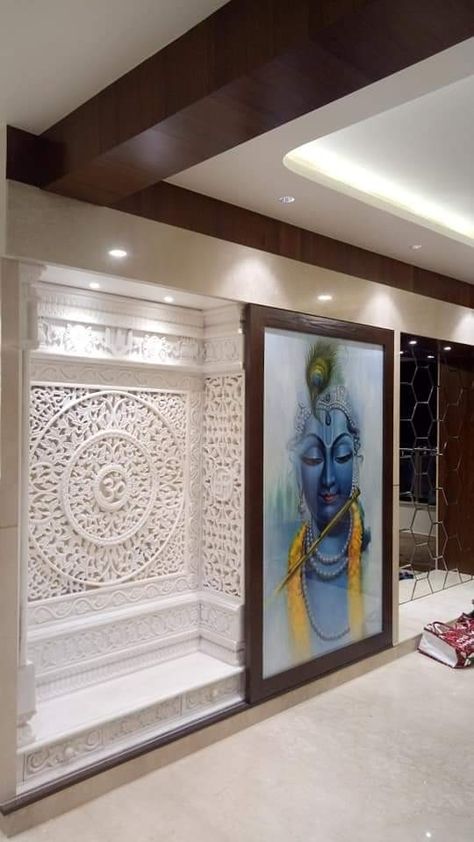 Mandir Near Sofa, Mandir Ideas For Big Space, Interior Design For Mandir, Living Room Mandir Ideas, Krishna Interior Design, Mandir Wall Designs, Latest Mandir Design For Home, Mandir In Living Room, Mandir Back Wall Design