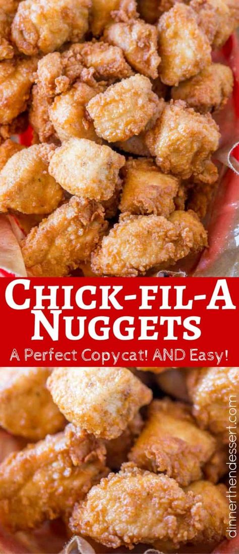 Chick-fil-A Nuggets made with chicken breast meat and no pickle juice are an spot on copycat of the original nuggets without the hefty price tag! #chickfila #chickfilarecipes #chickfilacopycat #copycatrecipes #copycat #dinnerthendessert #chicken #chickenrecipes #copycatchickenrecipes Deep Fryer Recipes, Chick Fil A Nuggets, Recipe Copycat, Chicken Nugget Recipes, Nuggets Recipe, Copycat Restaurant Recipes, Pickle Juice, Delicious Chicken, White Meat