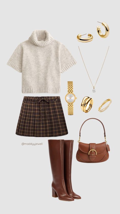 Cute Fall Look! Abercrombie Turtleneck Sweater Tee. Zara MINI CHECKED PLEATED SKIRT. #fallfashion #ootd #sweater #style #fallstyle #zara #abercrombie #coach #jewelry #skirt #boots Thanksgiving Fits, Ootd Sweater, Vintage Dress Sewing Patterns, Classy Fall Outfits, Skirt Boots, Christmas Fits, Office Dresses For Women, Zara Mini, Coach Jewelry