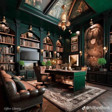 Decorate Ceiling, Dark Academia House, Green Study, Academia House, Diy Kast, Gothic Green, Dark Academia Interior, Dark Academia Home, Academia Room