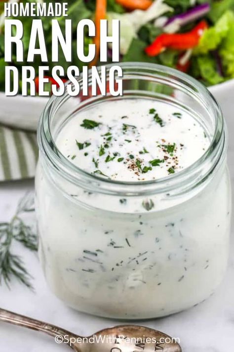 This homemade Ranch Dressing recipe is so quick to put together but the results are amazing! Mayo & sour cream mixed with zesty herbs and spices create a tangy, delicious dip that's done in minutes! #spendwithpennies #homemaderanchdressing #dip #easy #homemade #ranch Quick Ranch Dressing, Buttermilk Ranch Dressing Recipe, Dried Chives, Ranch Dressing Recipe Homemade, Hidden Valley Ranch Dressing, Dried Dill, Buttermilk Ranch Dressing, Dip Easy, Dill Dressing