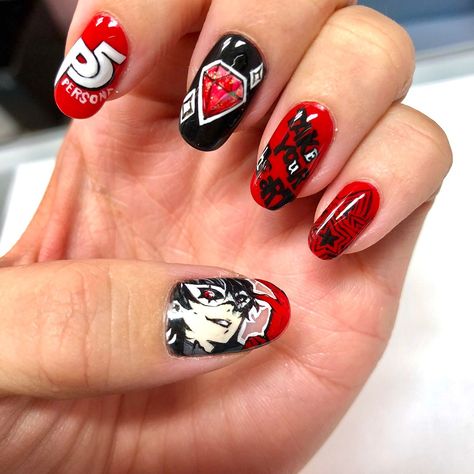 Persona5 Joker, Anime Nails, Red Design, Funky Nails, Nail Arts, Persona 5, Us Nails, Best Acrylic Nails, Nail Artist