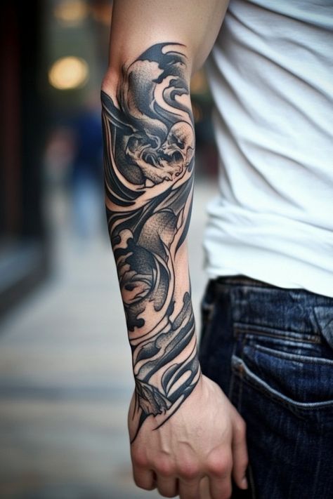 Intricate black and grey tattoo of a dragon wrapping around a person's forearm. Man Arm Tattoo, Arm Tattoo Ideas For Men, Tattoo Ideas For Men Forearm, Man Arm, Arm Tattoos For Men, Arm Tattoo Designs, Compass Rose Tattoo, Celtic Knot Tattoo, Powerful Man