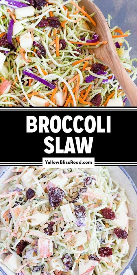 This crunchy, flavorful broccoli slaw has crisp apples, tart cherries, sunflower seeds, and a tangy-sweet dressing. Broccoli Slaw Dressing, Flavorful Broccoli, Healthy Broccoli Slaw, Salad With Creamy Dressing, Broccoli Slaw Recipe, Raw Broccoli Salad, Broccoli Slaw Salad, Broccoli Slaw Recipes, Summer Slaw