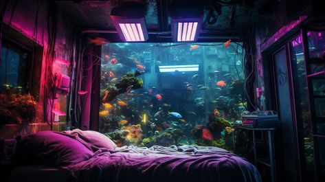 Old Cyberpunk, Cyberpunk Bedroom, Underwater Bedroom, Underwater Room, Wall Aquarium, Mansion Interior, 3d Art, Mansion, Cyberpunk