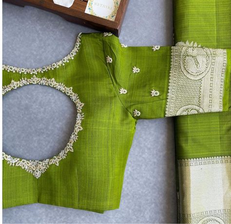 Green Work Blouse Designs, Parrot Green Blouse Design, Green Aari Work Blouse, Border Blouse Designs Latest, Green Pattu Saree, Parrot Green Saree, Green Blouse Designs, Embroidery Work Blouse, Blouse Works