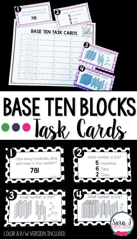 Base ten task cards - a practicing place value activity for 2nd grade                                                                                                                                                                                 More Base Ten Activities, Numbers To 1000, Teaching Place Values, Behavior Plans, Base Ten Blocks, Math Place Value, Whole Brain Teaching, Elementary School Classroom, Math Tasks