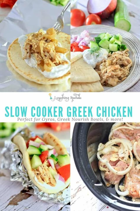 This Slow Cooker Greek Chicken is TO DIE FOR. Delicious, easy, and super fresh with chopped veggies in a gyro or bowl. #slowcooker #instapot #instantpot #chickenrecipe #dinner #lunch #greekchicken via @laughingspatula Chicken Crockpot Summer Recipes, Greek Chicken Crockpot Recipes, Greek Crockpot, Shredded Greek Chicken, Slow Cooker Chicken Wraps, Slow Cooker Gyros, Greek Crockpot Chicken, Greek Chicken Crockpot, Chicken Gyro Crockpot Recipe