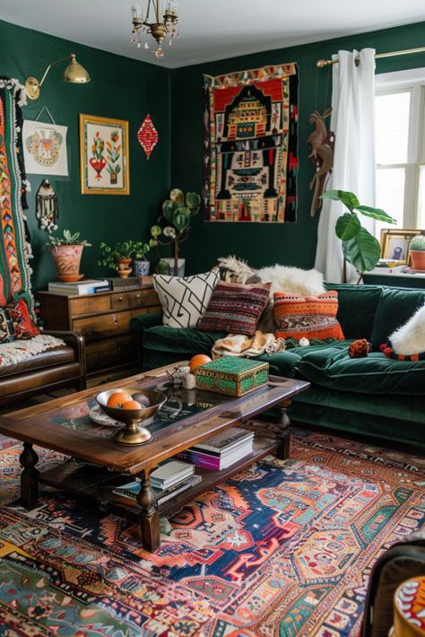 Emerald And Beige Living Room, Forest Green And Orange Living Room, Forest Green Walls Living Room, Wizard Living Room, Dark Green Boho Living Room, Green Maximalist Living Room, Forest Green Living Room, Dark Green Living Room Ideas, Dark Green Decor