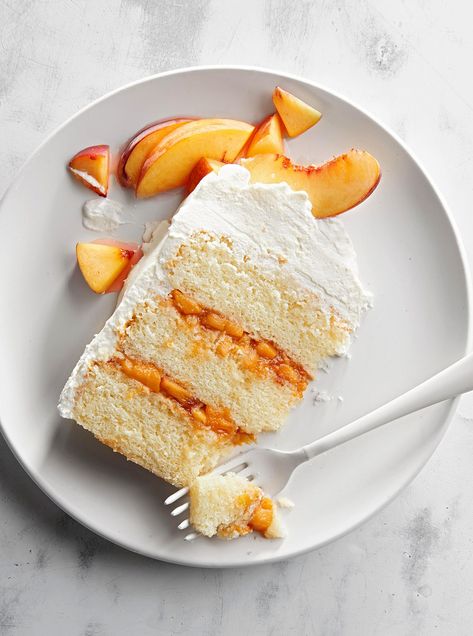 A dense sponge cake is ideal to soak up plenty of the Prosecco's boozy goodness. Prosecco Cake, Cake Cravings, Fabulous Desserts, Alcoholic Desserts, Peach Recipes, Peach Desserts, Peach Cake, Poke Cakes, Cake Central