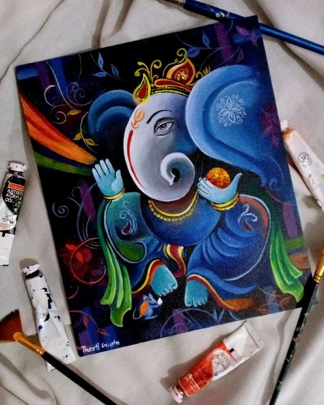 Krishna Unique Painting, Easy Modern Art Paintings For Beginners, Ganpati Bappa Painting On Canvas Art, Ganesh Art Paintings Beautiful, Ganesha Canvas Painting Acrylics, Ganpati Canvas Painting, Ganapati Drawing, Ganesha Modern Art, Modern Indian Art