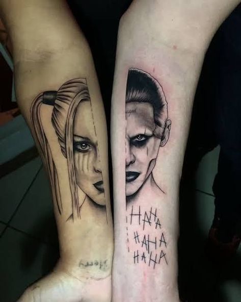 Joker And Harley Tattoo, Joker Y Harley Quinn, Partner Tattoos, Harley Tattoos, Harley Quinn Tattoo, Best Couple Tattoos, Matching Best Friend Tattoos, Tattoos To Cover Scars, Couple Tattoos Unique