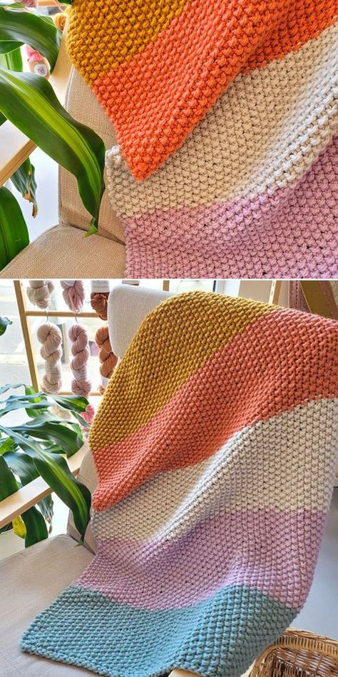 Moss Blanket, Knit Throw Blanket Pattern, Crochet Blanket Ideas, Easy Blanket Knitting Patterns, Easy Knit Blanket, Knitted Blanket Squares, Free Baby Blanket Patterns, Striped Baby Blanket, Throw Blanket Pattern