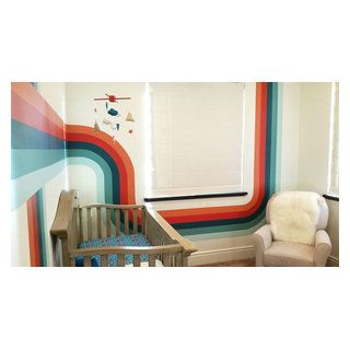 Custom hand painted mural on two walls of client's nursery in Hermosa Beach, CA by L Star Murals (www.LStarMurals.com) 70s Stripe Wall, 70s Wall Mural, Geometric Nursery, Hand Painted Mural, 70s Room, Striped Bedroom, Chicago Baby, Painted Mural, Contemporary Nursery