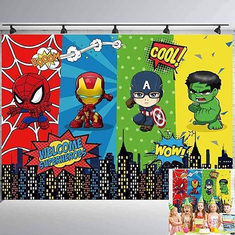 Super Hero Background, Spiderman Background, Superhero Backdrop, Superhero Background, Superhero City, Avengers Theme, Baby Avengers, Backdrops Kids, Avengers Party