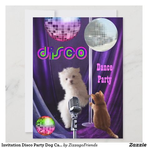 Invitation Disco Party Dog Cat Maltese Puppy Dog Birthday Invitations, Dance Party Invitations, Pink Disco, Bachelorette Invitation, Disco Club, Bachelorette Invitations, Bachelorette Party Invitations, Animals Cute, Cute Pets