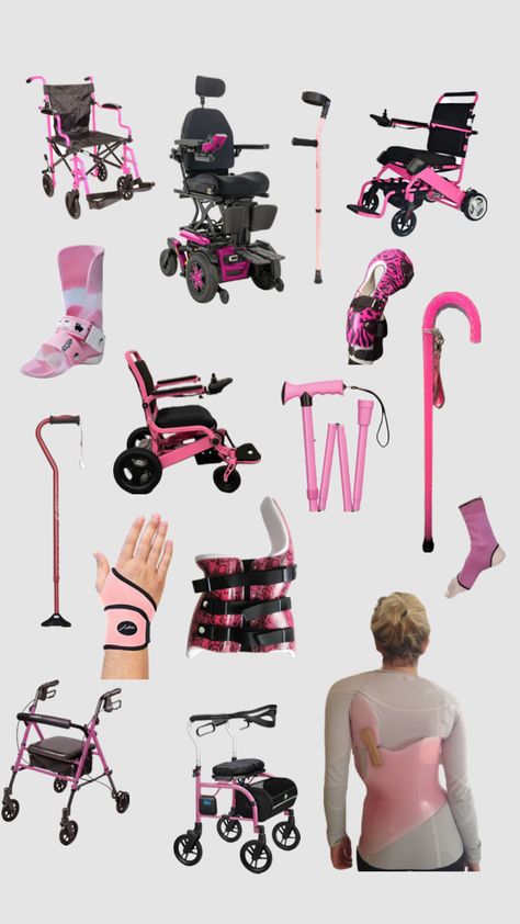 Pink mobility aids for chronically ill/disabled Barbie #wheelchair #mobilityaid #mobilityaids #crutches #cane #chronicallyill #chronicpain #chronicillness #scoliosis #backbrace #hypermobility Barbie Wheelchair, Adaptive Tools, Assistive Devices, Spoonie Life, Physical Disabilities, Cute Nurse, Mobility Aids, Crutches, Elderly Care