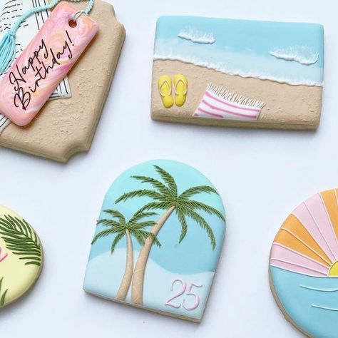 HopeCakes on Instagram: "☀️Dreaming of the Beach!☀️  Fun set for Jaelans 25th birthday!! This set has me dreaming of my next vacation!  . . . #hopecakes #sugarcookies #sugarcookiesofinstagram #sugarcookiedecorating #sugarcookieart #summercookies #vacationcookies #beachcookies #oceancookies #suncookies #sunshinecookies #talentedcookiers   Inspo from @sweet_crumb_bakery @hanamade.cookies 💕" Beach Cookies Decorated, Summer Decorated Cookies, Sunshine Cookies, Bridal Cookies, Beach Cookies, Palm Tree Beach, Tree Cookies, Summer Cookies, Palm Trees Beach