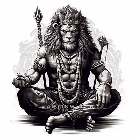 Narsimha Tattoo Designs, Narsimha God Tattoo, Narasimha Swamy Tattoo Design, Narashima Swamy Tattoo, Narshima God Tattoo, Narshima God Wallpaper, Lord Narasimha Tattoo, Narsimha Drawing, Narasimha Tattoo Design