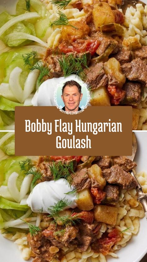 This hearty Bobby Flay Hungarian goulash is a comforting dish perfect for cozy nights. Packed with tender beef, sweet paprika, and a touch of sour cream, it’s rich, flavorful, and full of warmth. Serve it with spaetzle and a refreshing cucumber salad for a complete, satisfying meal that’s easy to make with simple ingredients. Celebrity Food, Hungarian Goulash, Bobby Flay Recipes, Creamed Cucumbers, Sweet Paprika, Cucumbers And Onions, Goulash Recipes, Bobby Flay, Guy Fieri