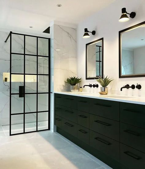 Drench’s Instagram profile post: “Black cabinets and fittings are the perfect contrast against white marbling for a bathroom that will give hotels a run for their money 🤩…” Black Fixtures Bathroom, Ensuite Decor, Modern Master Bathrooms, Putney London, Black Cabinets Bathroom, Main Bathroom Ideas, White Marble Bathrooms, Laundry Ideas, Grey Floor Tiles