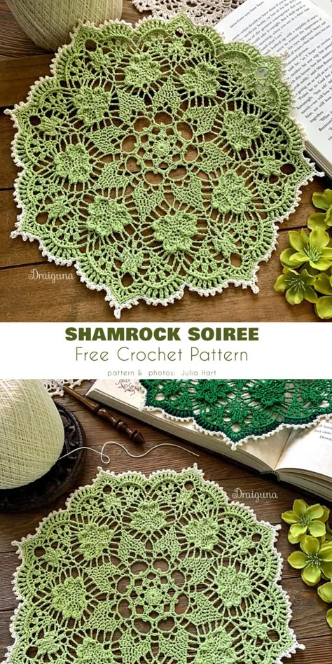 Flower Doily Crochet Pattern, St Patrick Crochet, Crochet Shamrock Free Pattern Simple, St Patricks Crochet Patterns, Green Crochet Patterns Free, Crochet St Patrick’s Day, Crochet Shamrock Free Pattern, Crochet Doily Pattern Free, Crochet Ideas Free Patterns