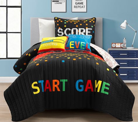 Perfect for sweet dreams of level ups and high scores, this fun twin-sized quilt set features a bold video game motif and lively colors. From Lush Decor. Big Kid Bedroom, Oversized Quilt, Dec Pillows, School Video, Childrens Bedroom Decor, Kid Bedroom, Modern Games, Lush Decor, Video Games For Kids