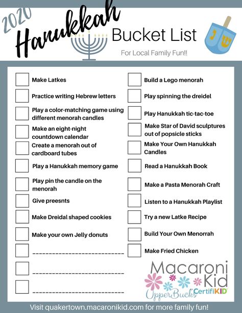 Celebrate the 8 Nights of Hanukkah with this Hanukkah Bucket List | Macaroni Kid Upper Bucks 8 Nights Of Hanukkah, Hanukkah Traditions For Kids, Hanukkah Theme Nights, Hanukkah 2023, Hanukkah Foods, Hanukkah Lessons, Hannukah Party, Hanukkah Preschool, Celebrating Hanukkah