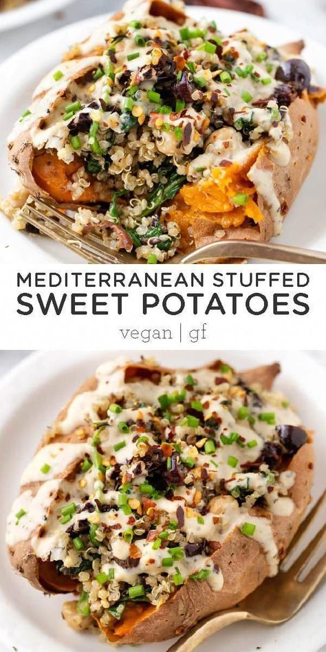 Mediterranean Recipes Healthy, Mediterranean Quinoa, Sweet Potatoes Recipe, Cheesecake Vegan, Stuffed Sweet Potatoes, Simply Quinoa, Vegan Sweet Potato, Gluten Free Dinner, S'mores