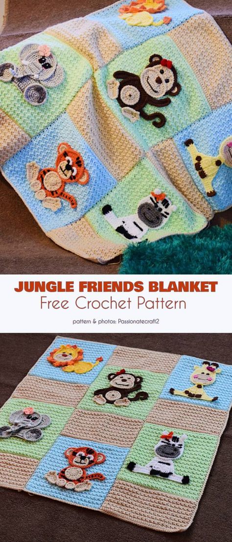 Jungle Friends Blanket Free Crochet Pattern | Your Crochet Crochet Crazy Quilt Pattern, Kid Blankets, Crocheted Appliques, Appliqué Crochet, Friends Blanket, Zig Zag Crochet, Crocheted Baby Blanket, Crochet Baby Blanket Free Pattern, Free Friends