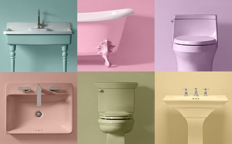 Colored Toilets, Colored Sinks, All White Bathroom, Kohler Bathroom, Birth Colors, Bathroom Appliances, Kohler Toilet, Purple Bathrooms, Original Pastel