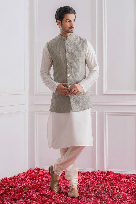 Shop for these amazing collections of Grey Pure Georgette; Lining: Twill Satin Embroidered Thread Nehru Jacket For Men by Ankit V Kapoor online at Aza Fashions. Man Dress Design, Indian Wedding Clothes For Men, Nehru Jacket For Men, Wedding Kurta For Men, Man Dress, Kurta Set For Men, Nehru Jackets, Satin Color, Kurta Designs