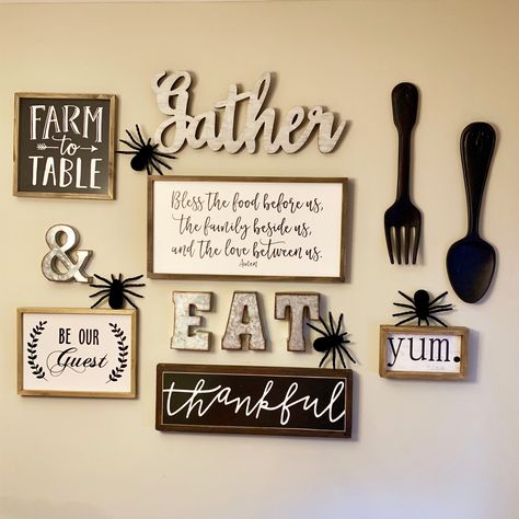 Dining Hall Wall Decor, Dining Room Main Wall Decor, Dining Hall Decor Ideas, Diy Dining Room Decor Ideas, Gallery Wall For Dining Room, Dinner Room Wall Decor Ideas, Kitchen Collage Wall Ideas, Farmhouse Dining Room Wall Decor Ideas, Diy Dining Room Wall Decor