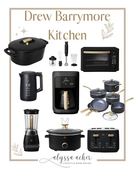 Kitchen Appliances Sets, Drew Barrymore Appliances Black, Black And Gold Kitchen Decor Apartment, Essential Kitchen Appliances, Drew Barrymore Pots And Pans, Minimalist Kitchen Appliances, Drew Berry More Kitchen Appliances, Beautiful Appliances Drew Barrymore, Beautiful Kitchen Appliances