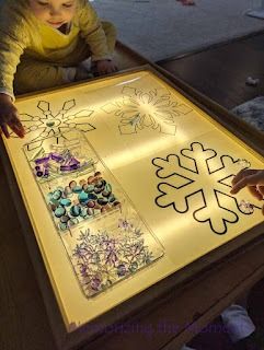 Winter light table play snowflakes Light Table Winter Activities, Light Table Christmas Activities, Christmas Light Table Activities, Winter Light Table Ideas, Snow Preschool, Light Table Ideas, Prek Christmas, December Preschool, Nursery Christmas