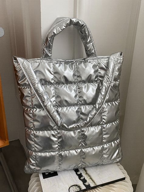 Silver Fashionable   Nylon Plain Top Handle Bag    Women Bags Metallic Bags, Silver Tote Bag, Puffy Bag, Bag Styles, Dream Bags, Soft Face, Grey Bag, Nylon Tote Bags, Metallic Bag