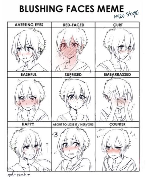 Drawing Facial Expressions Anime, Anime Frown Face, Traumatized Face Expression Anime, Manga Faces Expressions, Anime Face Reference Facial Expressions, Blushing Expression Reference, Tsundere Expressions, Blushing Expression Drawing, Different Anime Face Expressions