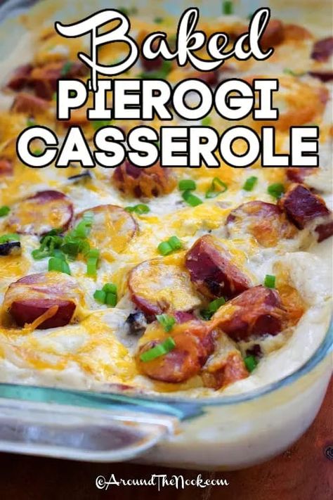 Layer the pierogi casserole ingredients in a foil lined baking pan and set it to bake, leaving plenty of time to make a delicious side dish. Try roasted broccoli or carrots, corn on the cob or even a crisp side salad. There will even be time to make dessert with a recipe this easy. #pierogiecasserolerecipe #easypierogicasserole #bakedpierogi #aroundthenook Perogie Casserole Pillsbury, Pillsbury Pierogi Casserole, Kielbasa Pierogie Casserole, Brats And Perogies, Peroxide Casserole, Pierogi Casserole Baked, Pierogi Casserole Pillsbury, Frozen Side Dishes, Kielbasa And Pierogies Casseroles