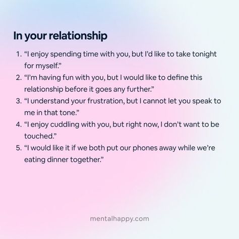 Communicated boundaries are not just a form of self-care, they are a form of self-respect. Having boundaries lets others know what you're willing to accept and allow into your life, which can feel empowering!


Did any of these examples resonate with you? What boundaries do you want to set for yourself?

#HealthyBoundaries #BurnOutRecovery #WorkLifeBalanced #CourageOverComfort #boundariesarehealthy #BoundarySetting #setboundaries #PeoplePleaser Boundaries With Friends Quotes, Healthy Boundaries Examples, Examples Of Boundaries In Relationships, Boundaries Template, Boundaries Examples, Examples Of Boundaries, Healthy Boundaries Relationships, Having Boundaries, Boundaries Relationships