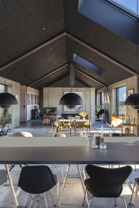 Black Raked Ceiling, Exposed Concrete Ceiling Interiors, Black Ceiling Design, Panoramic Windows, Raked Ceiling, Dark Ceiling, Acoustic Ceiling, Timber Ceiling, Long House