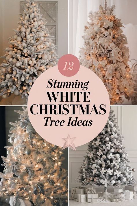 Twelve stunning white Christmas tree ideas with various decorations and lighting. Prelit White Christmas Tree, White Themed Christmas Tree Ideas, Christmas Tree Ideas For White Tree, All White Flocked Christmas Tree, White Tree Silver Ornaments, Ideas For White Christmas Trees, White Snow Christmas Tree Decorations, Frosted Tree Ideas, White Decorated Christmas Tree Ideas