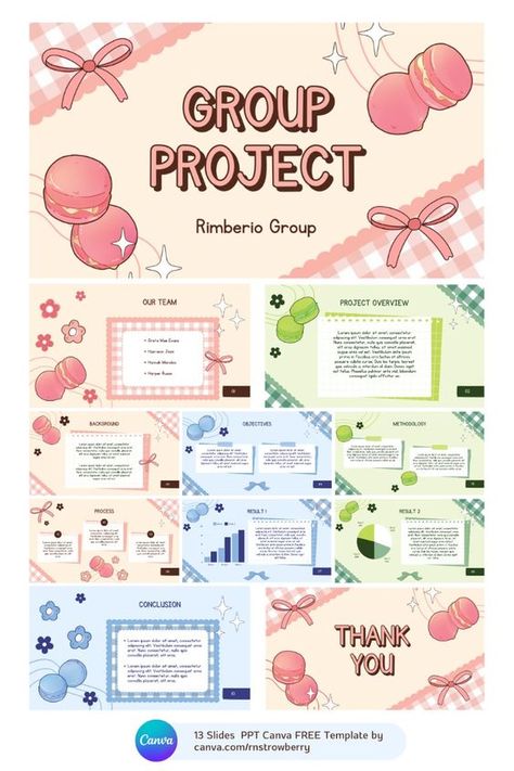 PPT Slides Pink Colorful Cute Macaroon Group Project Power Point Presentation Template  | FREE Canva Template by canva.com/rnstrowberry | Aesthetic Template For Powerpoint, Cute Slideshow Presentation, Cute Ppt Template, Powerpoint Presentation Design Ideas, Power Point Design Ideas, Canva Aesthetic Template, Canva Ppt Template, Aesthetic Google Slides, School Presentation Ideas