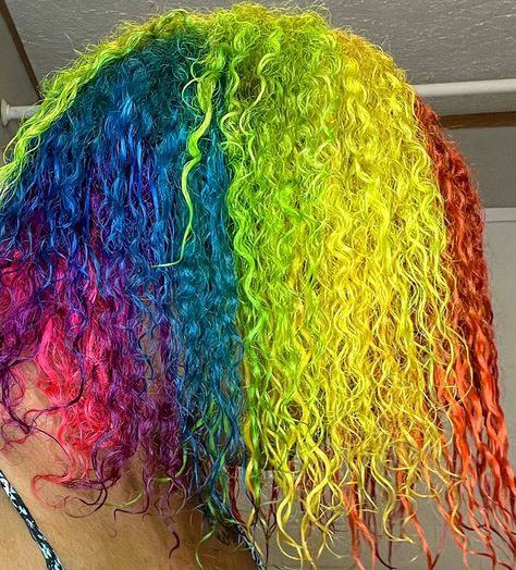 Told my 5 year old son to pick my haircolor he said all of them. How did i do? Multicolor Curly Hair, Multicolored Curly Hair, Rainbow Curly Hair, Neon Curly Hair, Curly Rainbow Hair, Rainbow Curly Hair Black Women, Coily Hair Care, King Julian, Rainbow Style