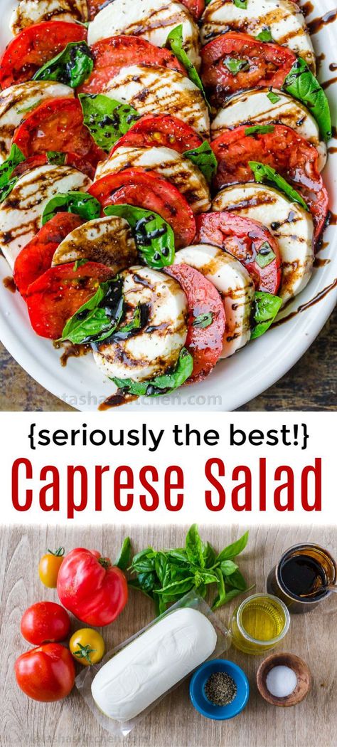 How to make Caprese Salad with the best homemade balsamic glaze! #caprese #Italiansalad #salad #saladrecipes #natashaskitchen Caprese Salad Salad, Salad Recipes Caprese, Meal Prep Caprese Salad, Caprese Salad Heirloom Tomatoes, What To Do With Balsamic Glaze, Caprese Salad Lunch, Caprese Salad On Bread, Salads With Balsamic Glaze, Dressing For Caprese Salad