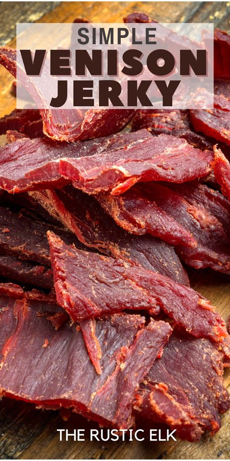 Easy venison jerky recipe perfect for snacking and full of meaty flavor! Make delicious and healthy venison jerky out of a venison roast with this simple tutorial including the best venison jerky marinade and seasoning and instructions to make it in a dehydrator or an oven! Jerky Marinade Recipes Venison, Deer Jerky In Oven, Homemade Jerky In The Oven, Air Fryer Venison Jerky, Elk Jerky Marinade Recipes, How To Make Venison Jerky, Wild Bills Beef Jerky Recipe, Spicy Deer Jerky Recipe, Canning Venison Water Bath